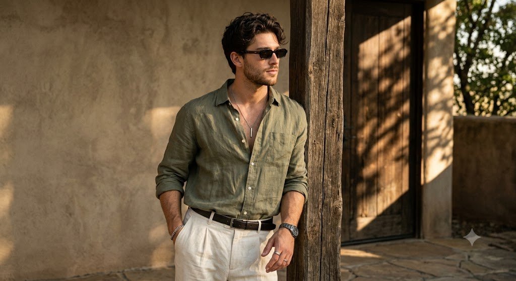 Handsome Young Man in Linen Leaning on Wooden Post in Golden Hour