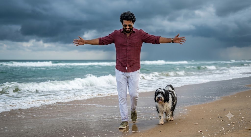 Man Walking with Dog on Stormy Beach Ai Prompt